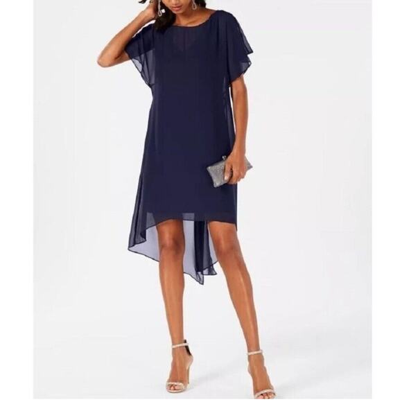 Adrianna Papell Dress SZ Small NWT Navy Chiffon Overlay Draped Evening Cocktail - Picture 2 of 16